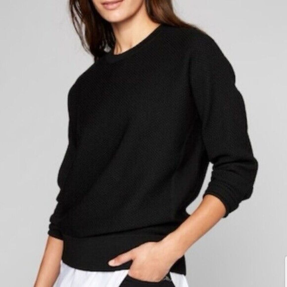 ATHLETA Merino Wool Blend Thermal Honeycomb Pullover Sweater Black Cozy Lounge